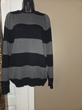 Nautica Jeans Co Sweater Mens L Black Gray Striped Crewneck 100% Cotton Knit L